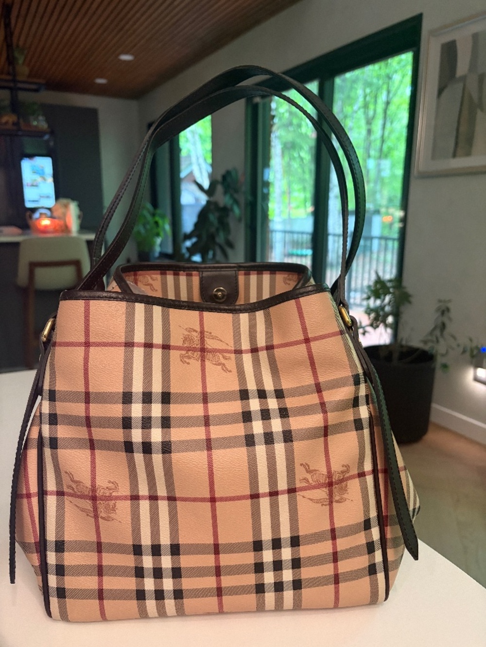 Burberry Canterbury Tote – Haymarket Check | Dark Brown Leather Trim